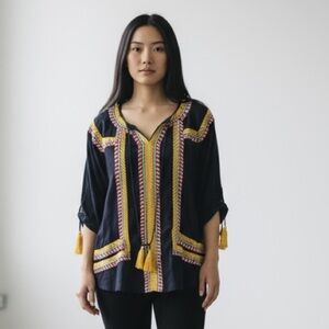 THML by anthropology, ladies, small navy embroidered with tassel blouse